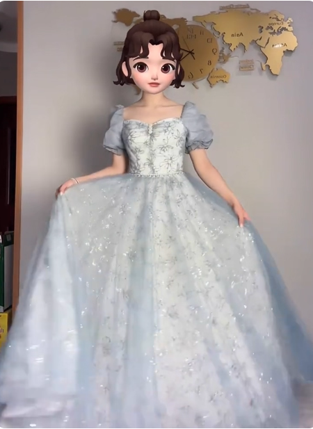 Princess Light Haze Blue Puffed Sleeve Embroidered Sequin Tulle Long Prom Dresses Evening Dresses