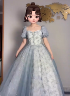 Princess Light Haze Blue Puffed Sleeve Embroidered Sequin Tulle Long Prom Dresses Evening Dresses