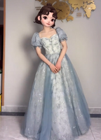 Princess Light Haze Blue Puffed Sleeve Embroidered Sequin Tulle Long Prom Dresses Evening Dresses