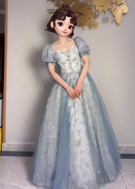 Princess Light Haze Blue Puffed Sleeve Embroidered Sequin Tulle Long Prom Dresses Evening Dresses