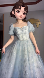 Princess Light Haze Blue Puffed Sleeve Embroidered Sequin Tulle Long Prom Dresses Evening Dresses