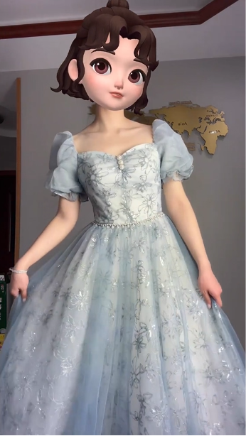 Princess Light Haze Blue Puffed Sleeve Embroidered Sequin Tulle Long Prom Dresses Evening Dresses