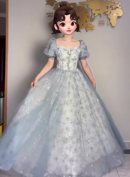 Princess Light Haze Blue Puffed Sleeve Embroidered Sequin Tulle Long Prom Dresses Evening Dresses