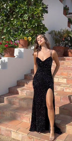 Black Shiny Elegant Princess Sequins Spaghetti Straps Long Ball Gowns Prom Dress
