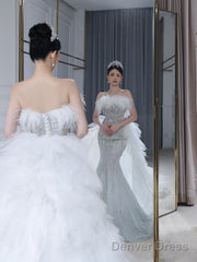 Princess Mermaid Strapless Neckline Long Sequin Feathers Long Wedding Dresses Brides Dress
