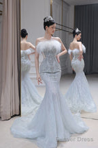 Princess Mermaid Strapless Neckline Long Sequin Feathers Long Wedding Dress Brides Dresses