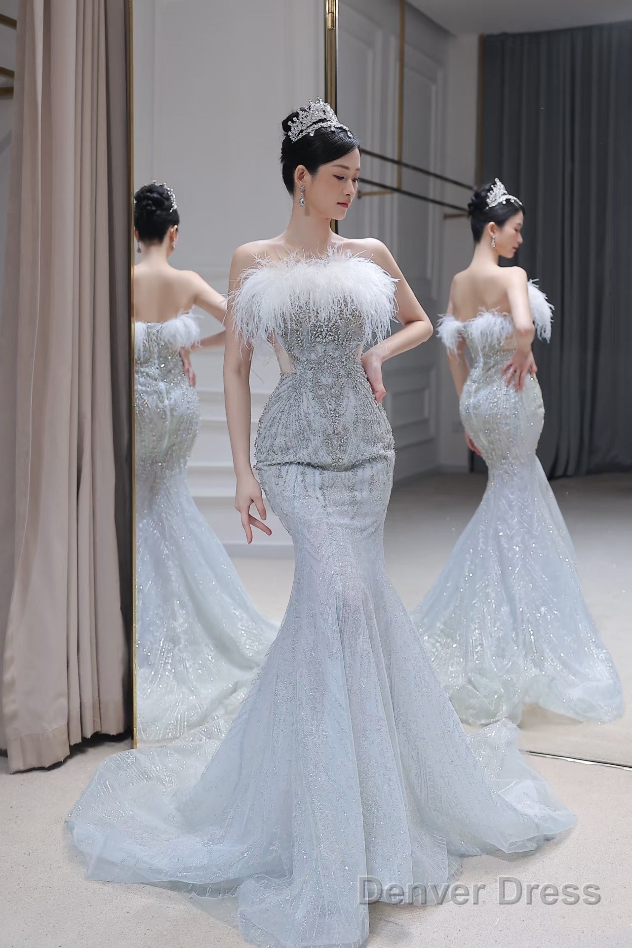 Princess Mermaid Strapless Neckline Long Sequin Feathers Long Wedding Dress Brides Dresses