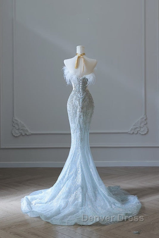 Princess Mermaid Strapless Neckline Long Sequin Light Sky Blue Long Wedding Dresses Brides Dresses