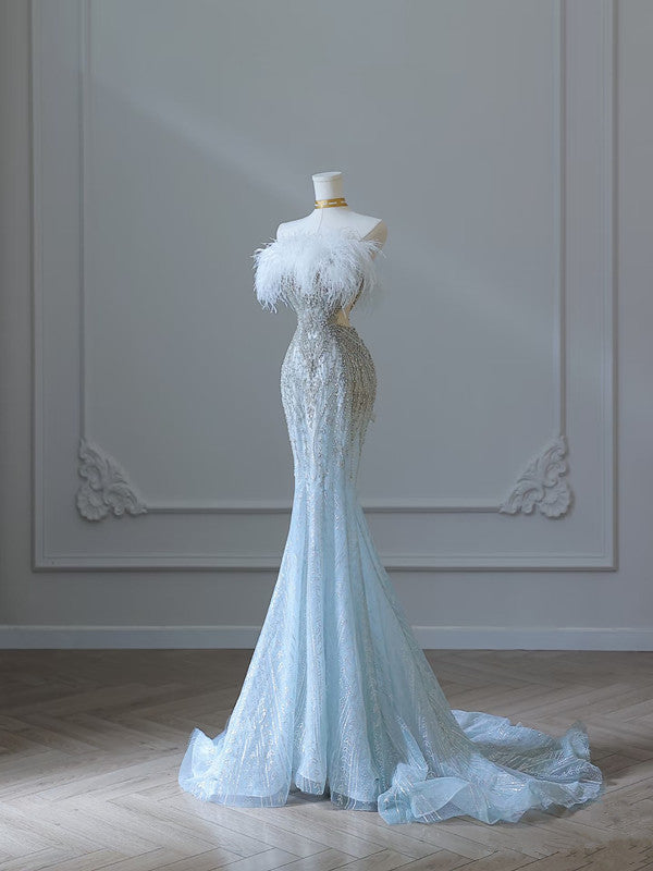 Princess Mermaid Strapless Neckline Long Sequin Light Sky Blue Long Wedding Dress Brides Dresses