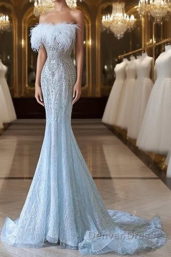 Princess Mermaid Strapless Neckline Long Sequin Light Sky Blue Long Wedding Dresses Brides Dresses Main image