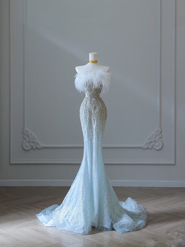 Princess Mermaid Strapless Neckline Long Sequin Light Sky Blue Long Wedding Dress Brides Dresses Main image