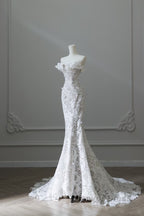 Princess Mermaid Strapless White Lace Long Wedding Dress Brides Dresses