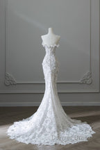 Princess Mermaid Strapless White Lace Long Wedding Dresses Brides Dresses