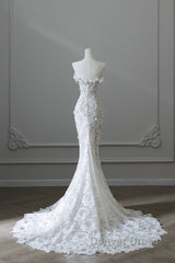 Princess Mermaid Strapless White Lace Long Wedding Dresses Brides Dresses