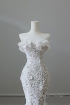 Princess Mermaid Strapless White Lace Long Wedding Dresses Brides Dresses