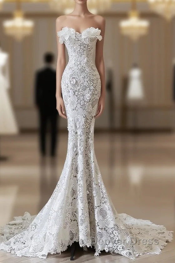 Princess Mermaid Strapless White Lace Long Wedding Dresses Brides Dresses Main image