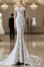 Princess Mermaid Strapless White Lace Long Wedding Dress Brides Dresses