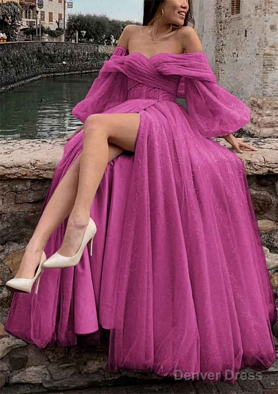 Princess Off-the-Shoulder Sweep Train Tulle Prom Dresses With Pleated Split