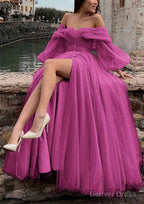 Princess Off The Shoulder Sweep Train Tulle Prom Dresses With Pleated Split