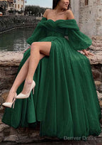 Princess Off The Shoulder Sweep Train Tulle Prom Dresses With Pleated Split