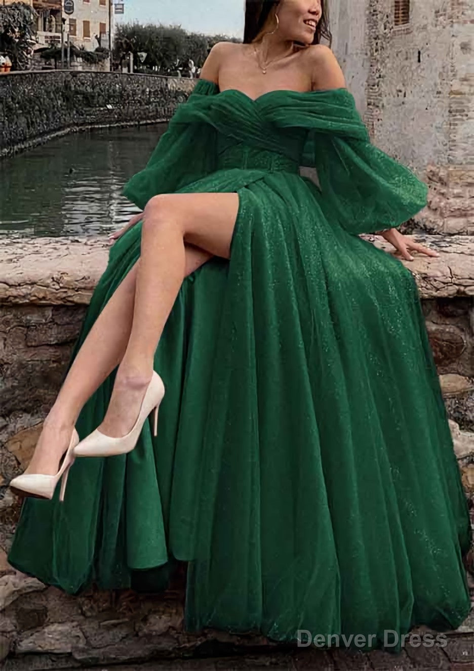 Princess Off The Shoulder Sweep Train Tulle Prom Dresses With Pleated Split
