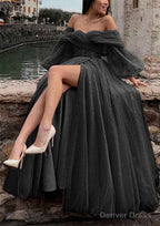 Princess Off The Shoulder Sweep Train Tulle Prom Dresses With Pleated Split