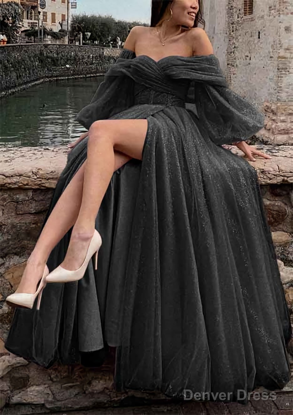 Princess Off The Shoulder Sweep Train Tulle Prom Dresses With Pleated   Denver Dress