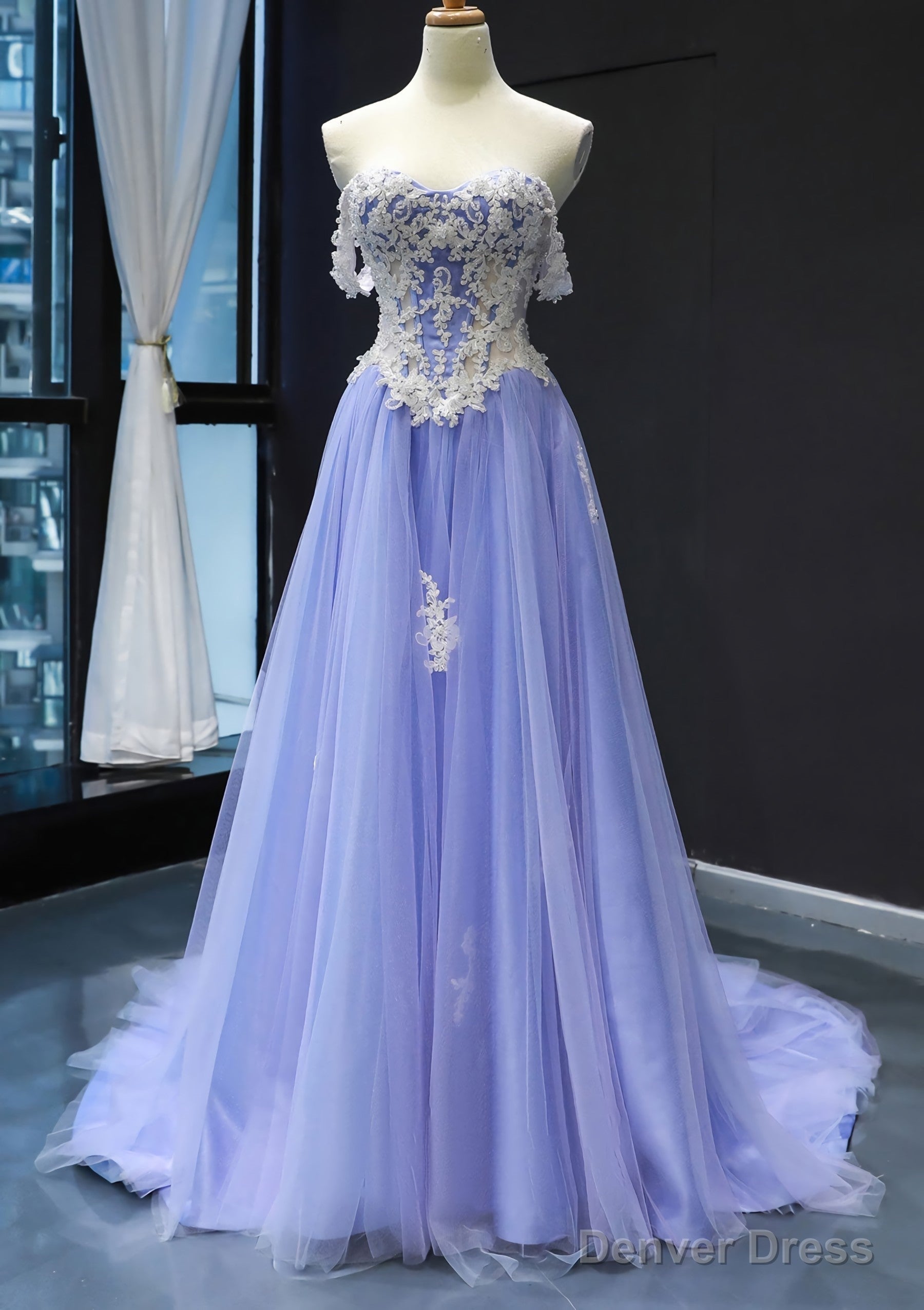 Princess Off The Shoulder Sweep Train Tulle Satin Prom Dresses With Appliqued Main image