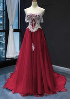 Princess Off The Shoulder Sweep Train Tulle Satin Prom Dresses With Appliqued