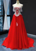 Princess Off The Shoulder Sweep Train Tulle Satin Prom Dresses With Appliqued