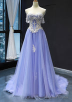 Princess Off The Shoulder Sweep Train Tulle Satin Prom Dresses With Appliqued