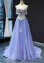 Princess Off The Shoulder Sweep Train Tulle Satin Prom Dresses With Appliqued
