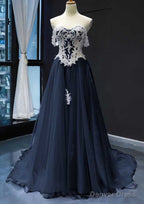 Princess Off The Shoulder Sweep Train Tulle Satin Prom Dresses With Appliqued
