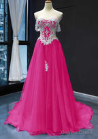 Princess Off The Shoulder Sweep Train Tulle Satin Prom Dresses With Appliqued