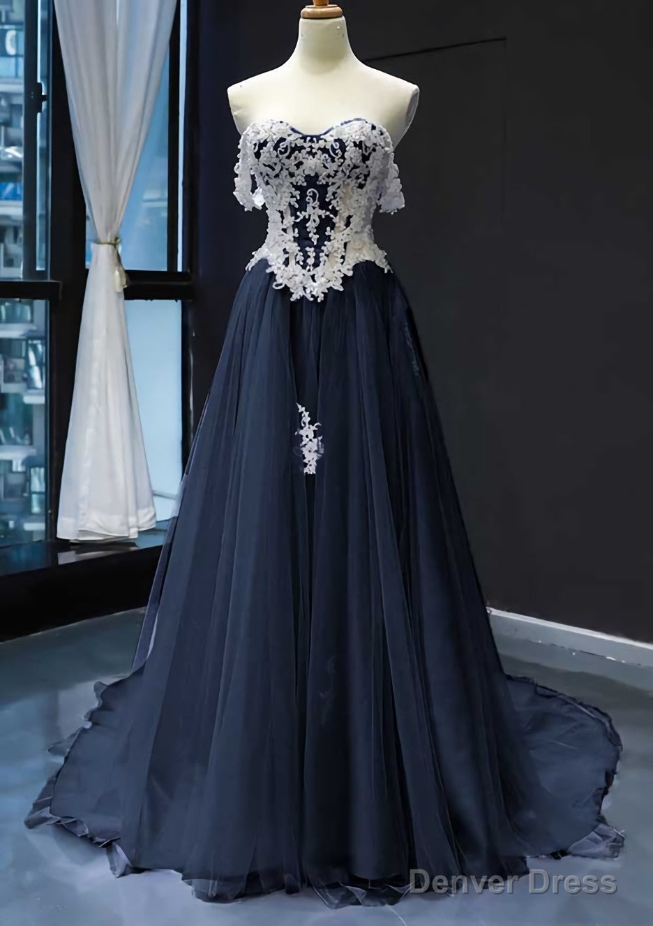 Princess Off The Shoulder Sweep Train Tulle Satin Prom Dresses With Appliqued Secondary image