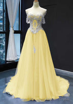 Princess Off The Shoulder Sweep Train Tulle Satin Prom Dresses With Appliqued