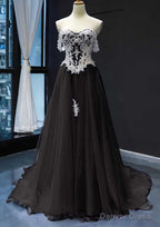 Princess Off The Shoulder Sweep Train Tulle Satin Prom Dresses With Appliqued