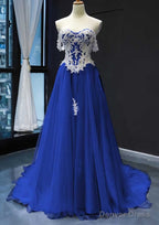 Princess Off The Shoulder Sweep Train Tulle Satin Prom Dresses With Appliqued