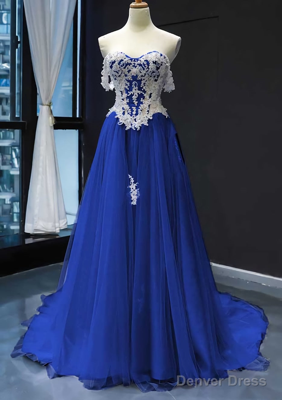 Princess Off The Shoulder Sweep Train Tulle Satin Prom Dresses With Appliqued
