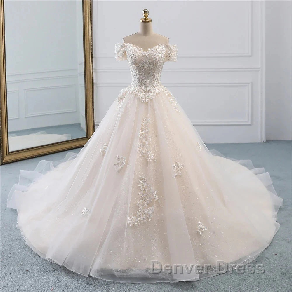Princess Off The Shoulder Tulle Wedding Dresses With Lace Appliques Elegant Beautiful