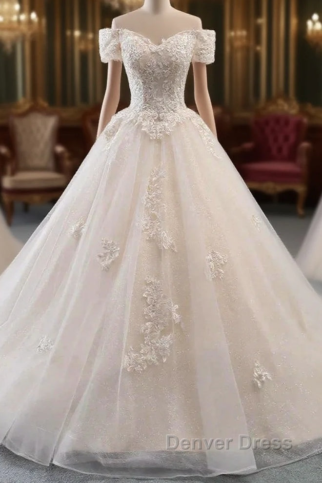 Princess Off The Shoulder Tulle Wedding Dresses With Lace Appliques Elegant Beautiful Main image
