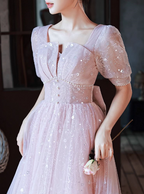 Princess Pink A-Line Square Neck Puff Short Sleeve Bow Tulle Long Prom Dresses Evening Dresses