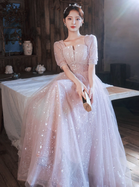 Princess Pink A-Line Square Neck Puff Short Sleeve Bow Tulle Long Prom Dresses Evening Dresses