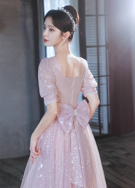 Princess Pink A-Line Square Neck Puff Short Sleeve Bow Tulle Long Prom Dresses Evening Dresses