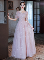 Princess Pink A-Line Square Neck Puff Short Sleeve Bow Tulle Long Prom Dresses Evening Dresses