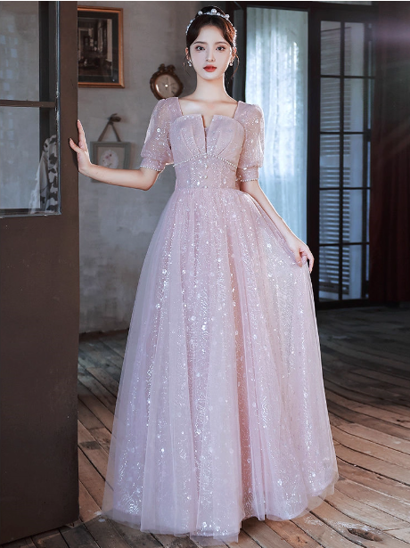 Princess Pink A-Line Square Neck Puff Short Sleeve Bow Tulle Long Prom Dresses Evening Dresses