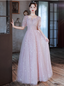 Princess Pink A-Line Square Neck Puff Short Sleeve Bow Tulle Long Prom Dresses Evening Dresses