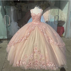 Princess Pink Quinceanera Dresses Lace Appliques Sweet 15 Party Prom Ball Gown