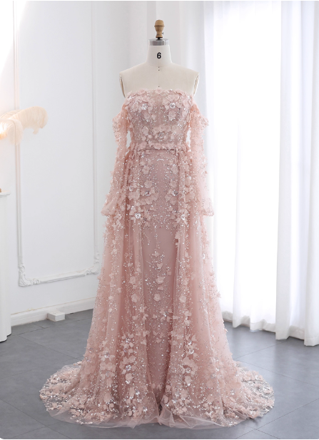 Princess Pink Train Off-The-Shoulder 3D Floral Tulle Prom Dresses Evening Dresses Secondary image