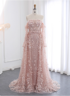 Princess Pink Train Off-The-Shoulder 3D Floral Tulle Prom Dresses Evening Dresses